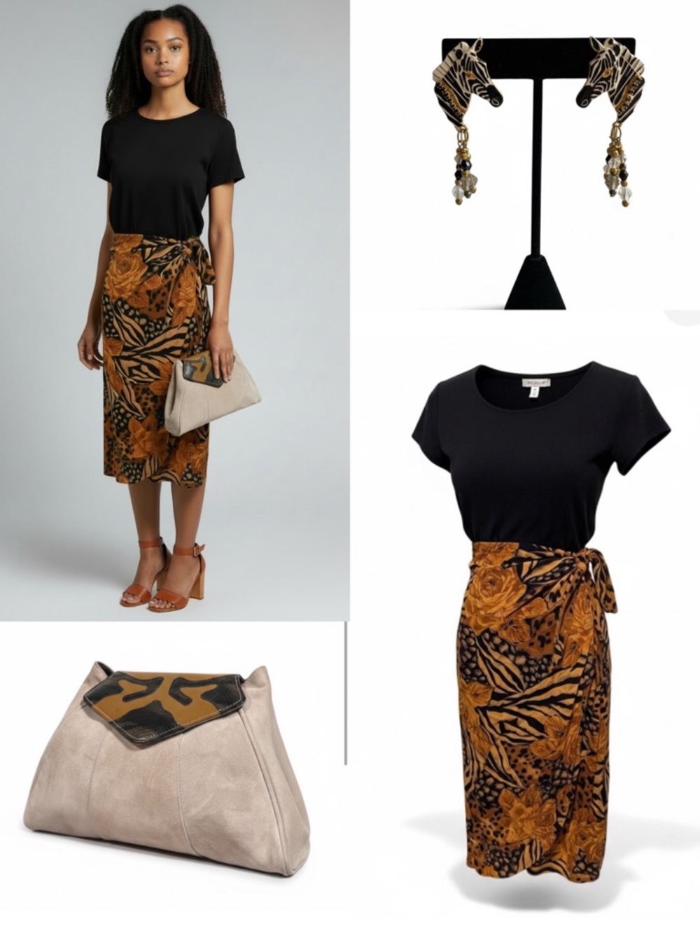 Safari Glam Vintage Capsule Set Dress Clutch Zebra Earrings Neutral Statement